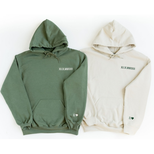 Custom Embroidered Roman Numeral Hoodie - Personalized Gift Couples Date Initial on Sleeve