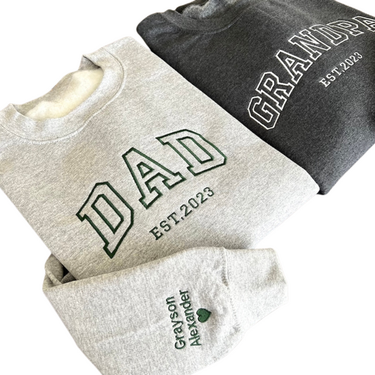 Custom Embroidered Sweatshirt, Name On Sleeve With Heart, Gift For New Dad, Father's Day Gift