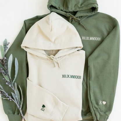 Custom Embroidered Roman Numeral Hoodie - Personalized Gift Couples Date Initial on Sleeve