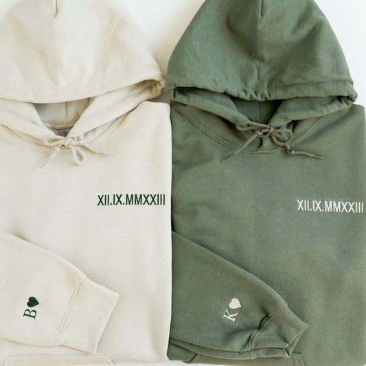 Custom Embroidered Roman Numeral Hoodie - Personalized Gift Couples Date Initial on Sleeve